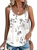 PLOKNRD Damen Tank Top Sommer Spaghetti Oberteile Ärmellose Rundhalsausschnitt Shirt Blusen Tops Weiße Blume L