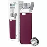 Aquafloow Wasserflasche aus Glas 700 ml mit Neoprenhülle, Transparente trinkflasche Glas mit Bambusdeckel | Ideal flasche für Büro, Outdoor, Schule, für Kohlensäurehaltige Getränke – Burgund