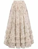 SCARLET DARKNESS Damen Maxi Röcke Blumen Chiffon Viktorianisches Elastisch Hohe Taille Fließend Rüsche Langer Rock mit Taschen Hellbraune Blumen S