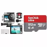 Exprotrek Action Cam,4K 30fps Ultra HD, 30m 100Fuß wasserdichte Unterwasserkamera & SanDisk Ultra Android microSDXC UHS-I Speicherkarte 512 GB + Adapter