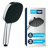 GROHE Vitalio 110, Duschkopf wassersparend, 8l pro Min (Handbrause 3 Strahlarten, per Drehregler verstellbar, Universalanschluss, Silikonring schützt Duschbrause bei Stürzen), eckig, chrom, 26092001