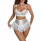 Satohom Dessous Sets Damen Sexy Unterwäsche Outfits 3 Stück Transparent Babydoll Curvy Lingerie Set Spitzen Push Up BH Mini Mesh Rock Durchsichtig Slips Frauen Lace Valentinstag Reizwäsche