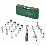 Bosch 1/2' Ratsche, Set 25-teilig (Leistungsstarke Ratsche; Hohes Drehmoment bis 768 Nm; Verriegelungsknopf; Intuitiver Richtungswechsel; Gebogener Hals; Ergonomischer Softgrip; 24 Zubehöre; Koffer)