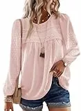 TUUHAW Shirt Langarm Damen Herbst Große Größen Tunika Boho Bluse Top Süß Oberteile Fließend Elegant Rundhals Frühling Winter T Shirt Lässig Outfits Kleidung Hellrosa 2XL