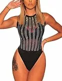 MAYFASEY Damen Gestreifter Strass Mesh ärmelloser Body Sexy Sheer Trikot Clubwear, Schwarz, XL
