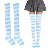 COYUN 1 Paar Unisex Kniestrümpfe, Kniestrümpfe mit Streifen, Socks Lange Sportsocken Volleyballsocken, Oberschenkelhohe Socken, Overknee Strümpfe, für Damen, Party, Kostüm, Halloween, Blau und Weiß