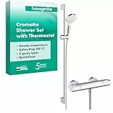 hansgrohe Crometta - Duschset mit Thermostat Ecostat 1001 CL, runder Duschkopf mit Brausestange 90 cm, Duschkopfhalterung und Brauseschlauch 1,60m, Duschbrause mit 2 Strahlarten, Weiß-Chrom, 27813400