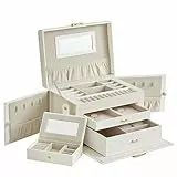 SONGMICS Schmuckkästchen 3 Ebenen, Schmuckkasten 2 Schubladen, tragbare Mini-Box für Reisen, mit Griff, abschließbar, Geschenkidee, PU-Bezug in Klassikweiß, Innenfutter in Cremeweiß JBC121W02