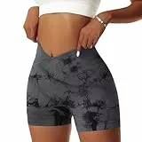 Vertvie Damen Gym Shorts V Cross Stretch Push Up Yoga Shorts Booty Scrunch Fitness Hosen Kurz High Waist Nahtlos Workout Sportshorts Butt Lift Kurze Leggings Sommer (Tie Dye Schwarz, M)