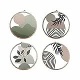 4 Stück Holz Boho Wand Deko Botanische Wanddeko Set Runde Holz Wandbilder Hölzerne Botanische Wanddekos Boho Wanddeko Grün Modern Bohos Design Minimalistische Wandkunst für Wohnzimmer, Schlafzimmer