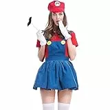 thematys Super Klempner Odyssey mit Augen Kindheitshelden Kostüm Damen | Klempner Helden Kostüme Damen | Mütze + Kleid + Bart + Handschuhe Kostüm-Set Frauen - Faschingskostüme Erwachsene (S), Rot
