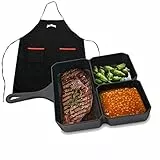 Jim Beam Gusseisenpfanne 3-in-1 - viereckige Pfanne mit drei Kammern für Fleisch, Gemüse, Saucen - Set inkl Grillschürze