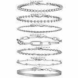 Emibele Silber-Armband-Set für Damen Mädchen, Gliederarmbänder Layered Figaro Büroklammer Tennis Beaded Verstellbares stapelbares Armband Modeschmuck, 7 Stück, Silber
