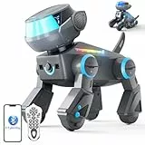 VATOS Roboter Hund Kinder Spielzeug, Programmierbarer Ferngesteuerter Roboterhund mit Bluetooth und LED-Augen,Singen Tanzen Wiederaufladbarer Interaktiver Roboterhunde für Jungen Mädchen ab 3-10,Grau