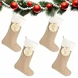 BOFUNX 4 Stücke Nikolausstrumpf Groß Jute Weihnachten Kaminsocken Nikolaus Socken Personalisiert Geschenktasche mit 4pcs Geschenkanhänger für Weihnachten Geschenk