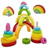 RunHero 3-in-1 Montessori Stapelspielzeug Holzbausteine Regenbogen Motorikspielzeug Grimms Bauklötze ab 1 Jahr Baby Geschenk für 2 3 4 5 Jahr Kinder