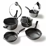 STONELINE Future Topfset Induktion, 8-teilig mit Pfanne und Sieb Deckel, Kochtopf Set, Antihaftbeschichtung mit echten Steinpartikeln, Aluguss, für alle Herdarten geeignet, Grau