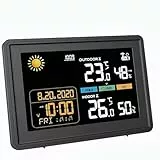 5,9 Zoll Wetterstation funk mit Außensensor 2025 Versionen VA-Display Kabellos DCF Funkuhr Wetter station mit Farbdisplay Empfangssignal Funkuhr Innen und Außentemperatur mit DC Netzteil Schwarz