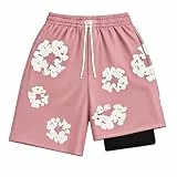 Generisch Badehose Herren Badeshorts mit Innenhose Blumen Motiv Y2K Stil Schnelltrocknend Boardshorts Männer Kurze Strandhose Sporthose Schwimmhose Sport Shorts Rosa M