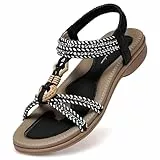 Littleplum Sandalen Damen Flach Sandaletten Bohemia Sommersandalen Bequem Sandale,Schwarz,38 EU