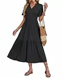 AUSELILY Sommerkleid Damen Lang V Ausschnitt Maxikleider Damen Sommer Rüschen Kurzarm Strandkleid Midi Freizeit Kleider Leicht und Luftig mit Taschen Elastischer Taille Schwarz XL
