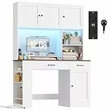 FirFurd 180cm hohe Schreibtisch mit Schubladen und Bücherregal, Computertisch aus Holz mit LED & Steckdosenleiste, Bürotisch PC-Tisch Möbel für Arbeitszimmmr, Büro, Kinderzimmer 180x120x50cm Weiß