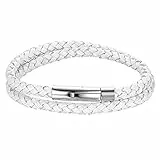 Cupimatch Herren Lederarmband, Leder Kordelkette Geflochten Armband Wickelarmbänder mit Edelstahl Magnetverschluss - zum zweimaligen Umwickeln, Weiß
