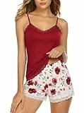 Avidlove Schlafanzug Damen Kurz Spitze Pyjama Zweiteiliger Sommer Ärmellos Nachtwäsche Set Sexy Hausanzug Sleepwear mit Cami Top und Shorts Rote Blume XL