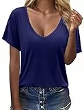 CMTOP Tshirt Damen Sommer Kurzarm Sexy V-Ausschnitt Oberteile Casual Locker T Shirt Einfarbig Basic Baumwolle T-Shirt Leicht Lässig Tee Shirts Elegant Bluse Tops(Marineblau, M)