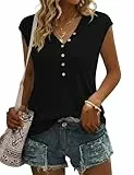 Gyabnw Damen Tshirt mit V Ausschnitt TTaschen Knöpfe Basic Tops Kurzarm Shirt Elegant Sommer Flügelärmel Oberteil Schwarz