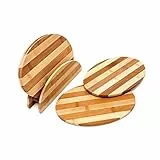 Relaxdays Frühstücksbrettchen aus Bambus HxBxT: ca. 0,5 x 25 x 18 cm Küchenbretter im Set 4 Stück mit Halter Schneidebretter gestreift beidseitig verwendbar mit Brettchenständer messerschonend, natur