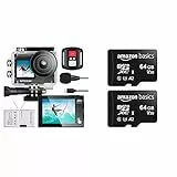 Exprotrek Action Cam,4K 30fps Ultra HD, 30m 100Fuß wasserdichte Unterwasserkamera & Amazon Basics - MicroSDXC, 64 GB, mit SD-Adapter,Schwarz, A2, U3, lesegeschwindigkeit von bis zu 100 Mbit/sc