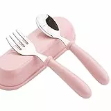 Gabel- und Löffel-Set, Kleinkind-Besteck, Baby-Utensilien, Löffel, Gabeln zum Füttern von Babys, Edelstahl-Geschirr, Kindergeschirr-Set mit Stroage-Etui, tragbares Besteck (Rosa)