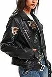 BELLIVERA Damen Kunstleder Jacke Frühling Herbst Kleidung Floral Gürtel Motorrad Biker Mantel 1702020 M