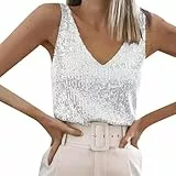 Glitzer Oberteile Damen Pailletten Tanktops Party Disco Weste Ärmelloses Top V-Ausschnitt Abend Glitzertop Spaghettiträger Blusen Mit Schimmernden