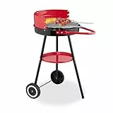Relaxdays Holzkohlegrill mit Rollen, Ø 42 cm, Picknickgrill Garten & Park, Griller, Windschutz, Rundgrill, schwarz/rot