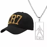 RzuoQnt 2-teiliges Fußball Fan Set – CR7 Kappe und Halskette mit Dog-Tag, Schwarze Baseballkappe mit 3D-Stickerei, verstellbare Cap für Ronaldo Fans, Jugendliche und Herren