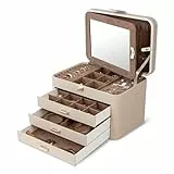 KAMIER Schmuckkästchen Groß, Schmuckschatulle mit 4 Ebenen, PU Leder Schmuckbox mit Spiegel und Schloss, Schmuckaufbewahrung 3 Schubladen, für Damen, Ringe, Ohrringe, Halsketten, Armbänder, Beige