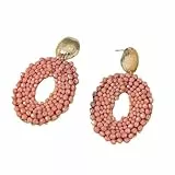 Bohemia Statement Bunte Tropfen Ohrringe, Handgefertigt, Ovale Scheiben Ohrstecker Aus Rocailles Perlen, Boho Perlenschmuck für Frauen und Mädchen, Rosa