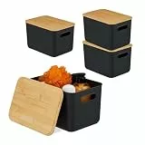 Relaxdays Aufbewahrungsbox, 4er Set, mit Deckel, Kunststoff, Bambus, mit Griffen, Organizer, HBT 16x 26x17,5 cm, schwarz