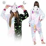 ZOLTA Jumpsuit Onesie für Damen und Herren - Sanft Kuschelig Unisex Pyjama - Warme Schlafanzug - Karneval Kostüm Damen oder Herren - Kostüm für Party und - Größe 148-160 cm S - Rainbow Glowing Unicorn