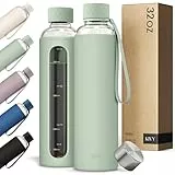 KIVY Glas-Wasserflasche (Salbeigrün, 900 ml) mit Silikonhülle, BPA-freie Glas-Wasserflaschen, 907 ml, Glasflasche, transparent, Borosilikatglas, 900 ml, Glas-Trinkflasche