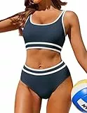 AI'MAGE Badeanzug Damen Bauchweg Bikini Set High Waist Sport Bikini-Sets Bademode Push Up Sportlich, Marineblau L