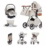Kakbgee 3 in 1 Kinderwagen mit Babyschale, Faltbar Buggy, 7-fach höhenverstellbarem Griff, 4-Rad Federung, Regenschutz, Moskitonetz, Kombikinderwagen für Neugeborene 0-3 Jahre (15kg), Beige