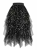 Hanpceirs Damen Tüll Röcke High Low Layered Puffy Fee Röcke A-Linie Midi Rock Unregelmäßiger Tutu Rock Schwarz Pailletten XL