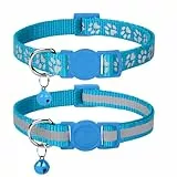 Taglory Reflektierend Katzenhalsband mit Sicherheitsverschluss und Glöckchen, 2-Stück Verstellbar Halsband Katze Kitten, 19-32cm Hellblau