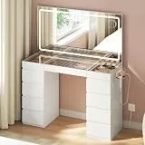 WOLTU Schminktisch mit Beleuchtung, Glasplatte und Spiegel, Kosmetiktisch mit 11 Schubladen, Schmuckfächern, Steckdose und Haartrocknerhalter, für Schlafzimmer, Weiß