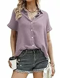 Aottori Blusen Tuniken für Damen Sommer Kurzarm Oberteile Elegant Hemdbluse Casual Blusenshirt Leicht Lose Sommerblusen Taro Lila M