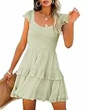 Imily Bela Damen Sommerkleid Elegant Rüschen Ärmellos Minikleid Gesmokt A-Linie High Waist U-Auschnitt Kleid(Hellgrün, M)