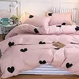 Nayoroom Bettwäsche Herzen 135x200 Rosa Schwarz Herzmuster Bettbezug 2 teilig Microfaser Gestreift Wende Bettwäsche Set und Kissenbezug 80x80 cm Reißverschluss